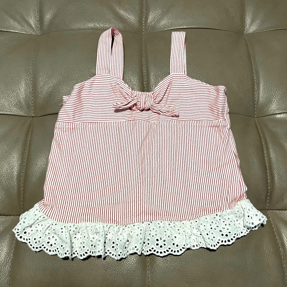 Justice Girls 6 red white pinstripe tie front eyelet lace trim tank top blouse